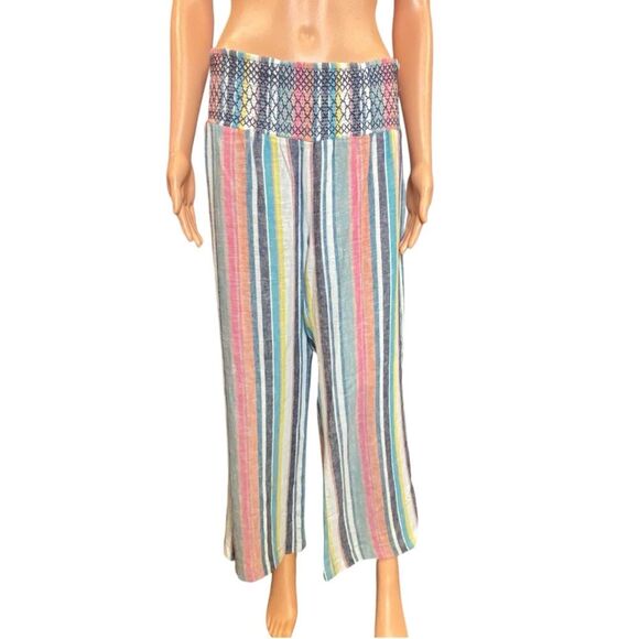 SO Linen Blend Beach Pants Striped Multicolor Womens Size Large Wide Leg Casual - Picture 1 of 6